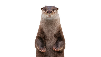 Isolated adorable river otter standing tall on its hind legs looking curiously at camera © Isolde