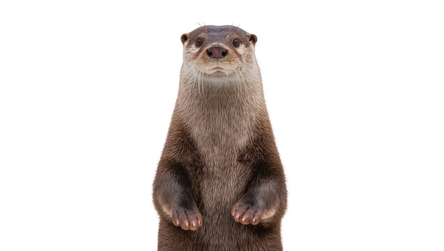 Isolated adorable river otter standing tall on its hind legs looking curiously at camera