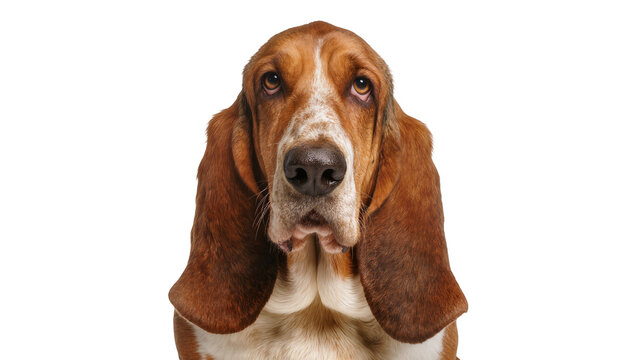 Isolated Basset Hound dog close-up portrait with long droopy ears and melancholic expression