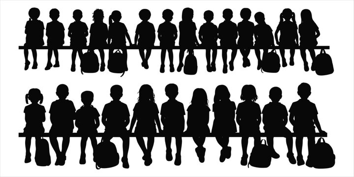 Silhouette of two rows of children sitting on a bench with backpacks kids