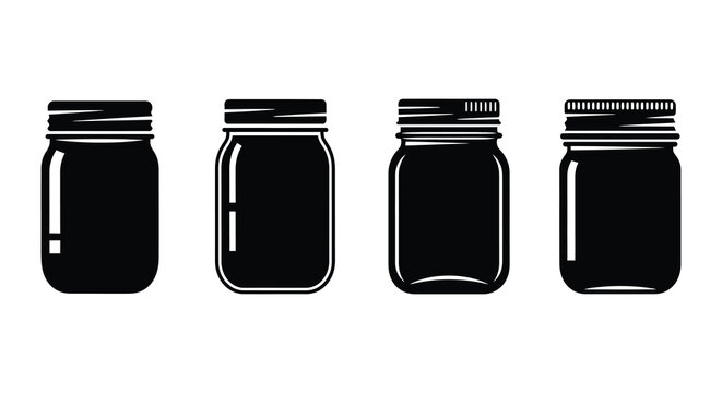 Four black and white illustrations of various mason jars displayed together