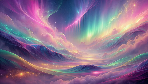 Abstract Fantasy Aurora Sky with Rainbow Clouds and Sparkling Stars　虹色の雲と輝く星々が広がる幻想的なオーロラ空の抽象背景　イラスト