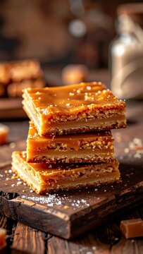 Delicious Stack of Homemade Caramel Shortbread Bars with Sea Salt.