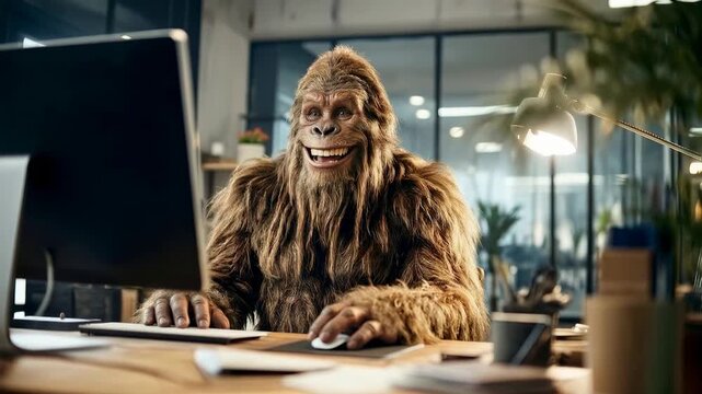 Humorous bigfoot character working at modern office desk using desktop computer and typing seriously in bright workspace blending corporate life with playful fantasy atmosphere