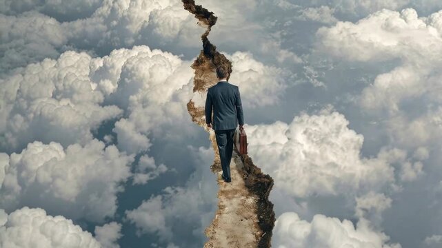 Surreal scene of businessman walking along narrow broken path above clouds creating powerful metaphor of risk uncertainty determination and visionary leadership journey