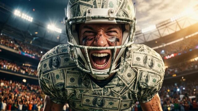 American football player covered in dollar patterned uniform shouting passionately in packed stadium blending sports intensity with financial ambition concept
