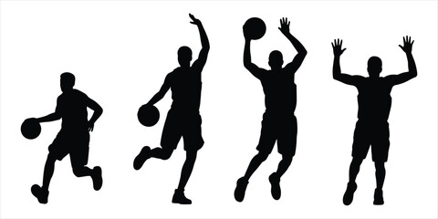 Silhouettes of four basketball players in action on a white background sport game © Mst