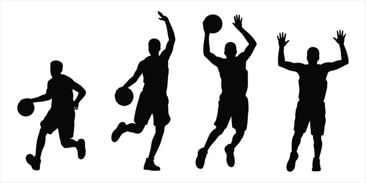 Silhouettes of four basketball players in action on a white background sport game