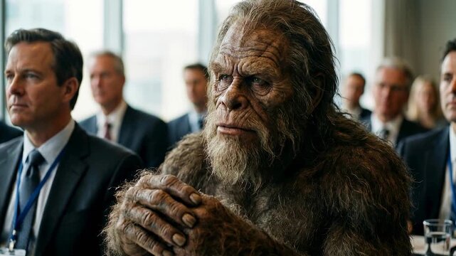 Business meeting audience listening attentively to bigfoot participant highlighting diversity inclusion and unconventional perspectives in corporate setting