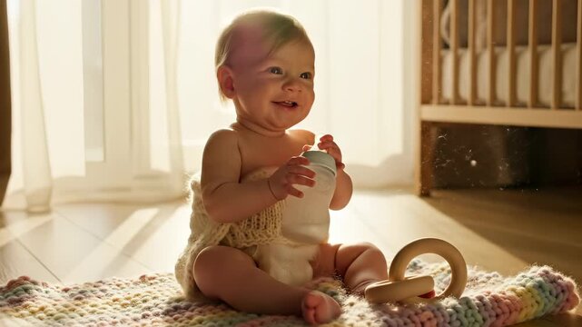 Smiling baby holds bottle sitting on blanket in nursery with sunlight streaming. Happy infant plays with bottle near crib. Baby smiles holding milk bottle. Infant on blanket in bright nursery.