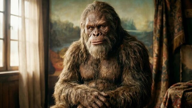 Thoughtful Bigfoot sitting indoors by window in painterly atmosphere conveying introspection emotion and quiet reflection within classic artistic interior setting