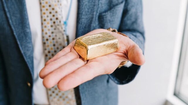 Close up of male executive hand presenting gold bar against suit jacket emphasizing tangible assets secure investment wealth preservation and luxury finance theme