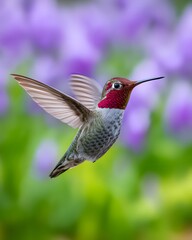 Fototapeta premium Hummingbird hovers in front of flowers while searching for nectar