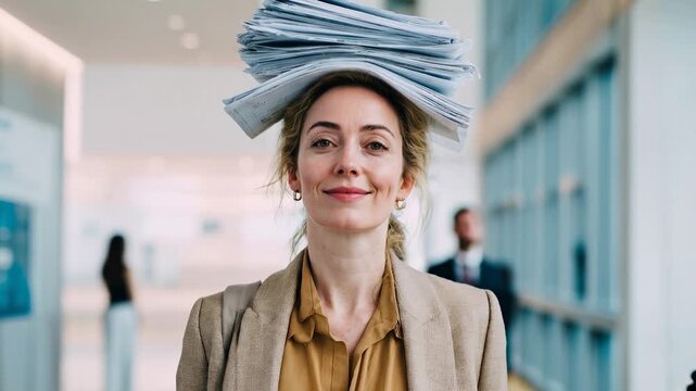Stylish woman confidently wearing stack of papers as hat in bright office hallway expressing creative humor and playful approach to business life