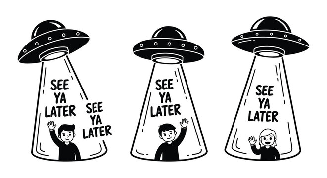 Three ufos abduct waving people with a playful see ya later message