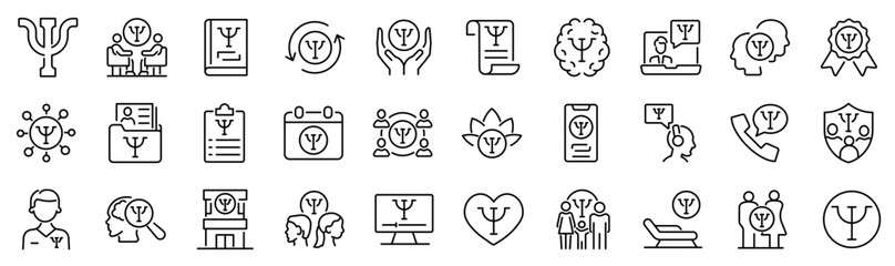 Set of 30 outline icons related to psychology symbol. Linear icon collection. Editable stroke. Vector illustration