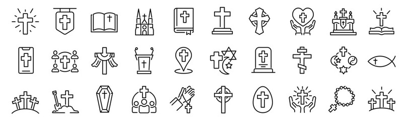 Set of 30 outline icons related to christian cross. Linear icon collection. Editable stroke. Vector illustration