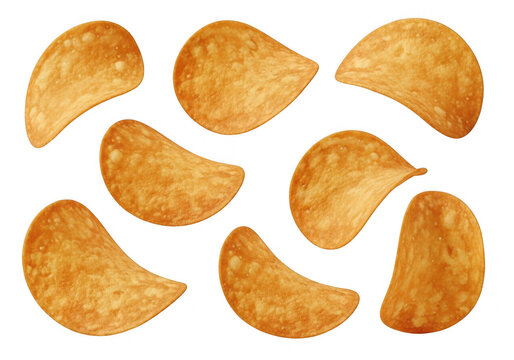 Six golden potato chips scattered randomly ideal for food mockups on transparent background