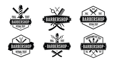 Fototapeta premium Vintage barbershop emblems and grooming tools in black and white designs