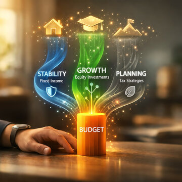 Conceptual image of financial planning emerging from budget block illustrating stability, growth, and long-term strategies with glowing light streams