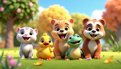 Obraz premium The picture shows a kitten, a chick, a lion cub and a dinosaur