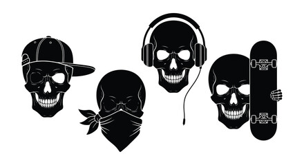 Four stylized skulls adorned with hats sunglasses and accessories © Nayem