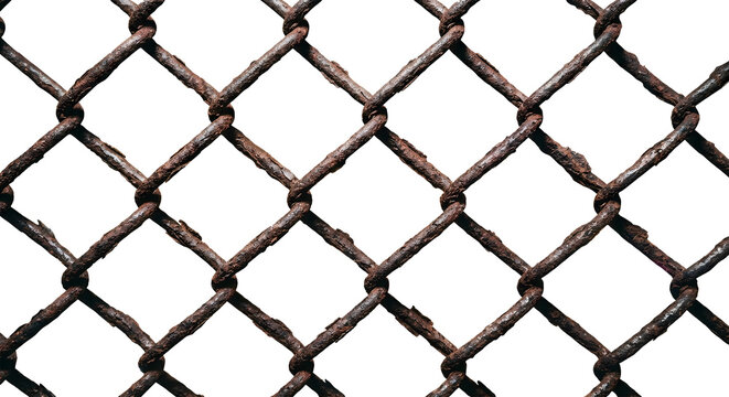 Closeup of a rusty chain link fence isolated on transparent background with diamond shaped pattern