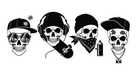 Four stylized skulls adorned with hats sunglasses and accessories © Nayem
