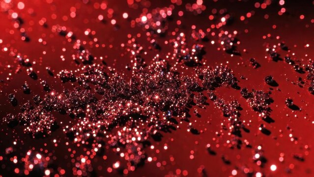 Red glitter particles scattered across dark surface closeup