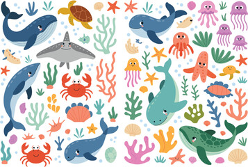 Obraz premium Cute ocean animals and sea life collection with whales turtles octopus jellyfish and coral underwater vector illustration