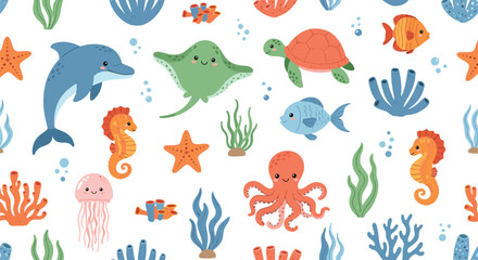 Cute ocean animals seamless pattern with dolphin turtle octopus jellyfish seahorse and fish underwater vector background