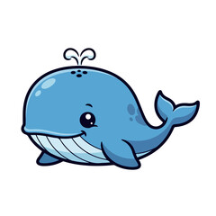 Fototapeta premium Cartoon illustration of a smiling blue whale with water spraying from its blowhole on a white background.