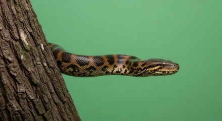 Fototapeta premium Close-Up of a Colorful Snake Peeking Out from Tree Bark on Green Background