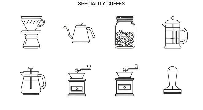 Collection of line art icons representing various coffee brewing equipment and accessories, including pour-over drippers, kettles, grinders, and French presses.