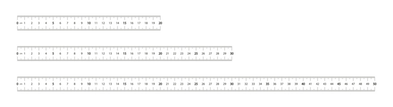 Set of metric rulers 20, 30 and 50 centimeters with millimeter scale. PNG. Vector