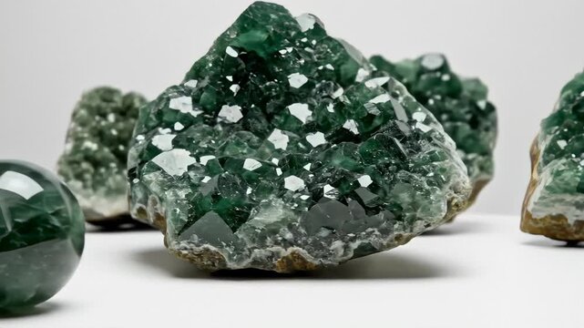 Close-Up of Green Fluorite Crystals and Sphere on White Background