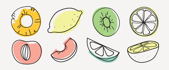 Fototapeta premium Colorful fruit illustrations: pineapple, lemon, kiwi, orange, peach, watermelon. Vibrant fruit drawings, showcasing citrus and tropical fruits. Fresh fruit art. Summer illustrations, element vectors.