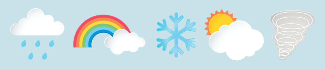 Obraz premium Weather icons: rain with cloud, rainbow, snowflake, sun with cloud, tornado. Bright weather symbols, colorful rainbow, fluffy clouds, dynamic tornado. Weather illustrations, isolated element vectors.