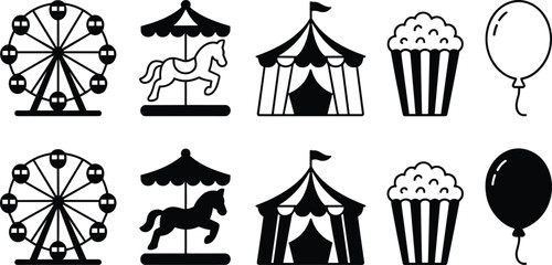Amusement park carnival icon set with ferris wheel carousel horse circus tent popcorn and balloon, funfair entertainment outline and solid vector icons © Evelyn