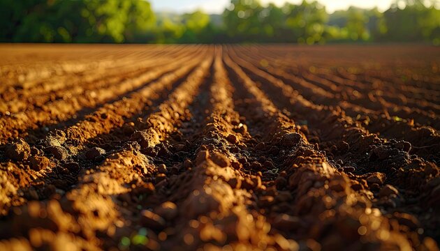 Close-up of cultivated farmland, sunlight casting shadows on furrows