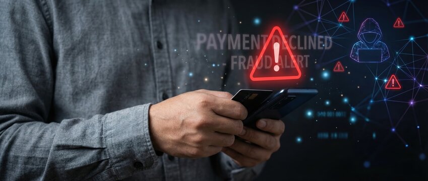 Fraud alert notification on mobile device digital financial security image of payment decline warning virtual environment close-up viewpoint cybersecurity awareness