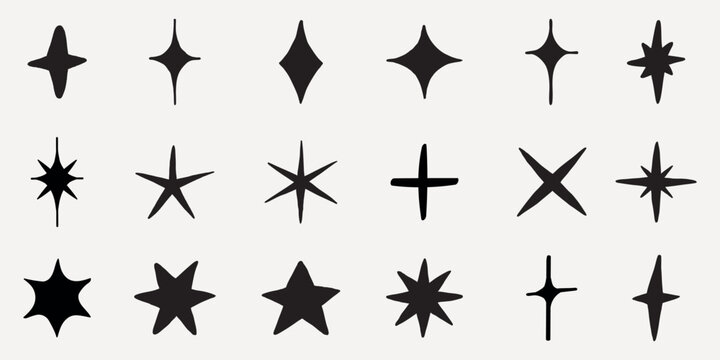 Set of black star shapes in various styles. Includes different star designs, each with unique points and angles. Simple black star icons on a light background. Doodle star set.