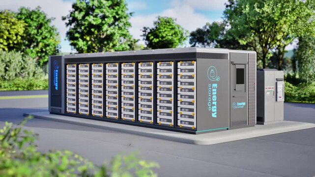 3d rendering energy storage system or battery container unit see through on green grass 4k footage