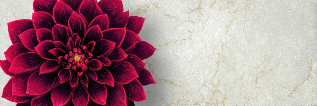 elegant dahlia presentation, a flawless, vibrant crimson dahlia rests on smooth marble, with glistening droplets aesthetic high-resolution graphic, no text