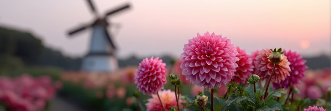 event website banner, design a nostalgic vintage banner for the bloemen corso flower festival, featuring a zundert windmill at dawn with vibrant dahlia flowers in high detail no text