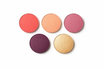 Obraz premium Five round makeup pans with vibrant coral, peach, rose, plum, and gold shades