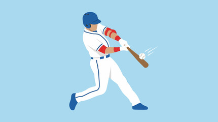 Fototapeta premium A baseball player in uniform swinging a bat with motion blur, depicted in a flat vector illustration style against a light blue background.