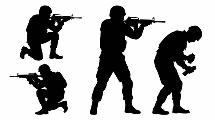 Naklejka premium Four soldier silhouettes in combat poses, including kneeling, standing, and throwing a grenade, against a white background.