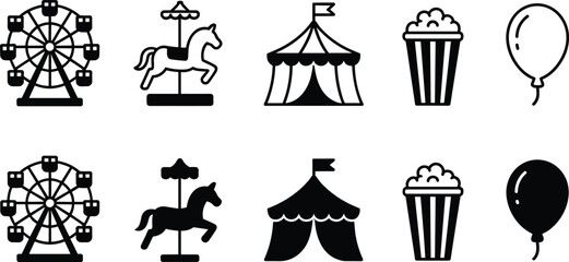 Carnival amusement park icon set with ferris wheel carousel circus tent popcorn and balloon, funfair entertainment outline and solid vector icons © Evelyn
