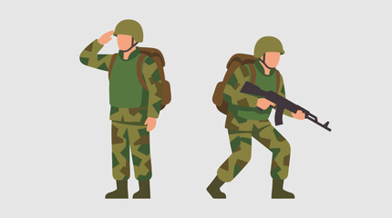 Naklejka premium Two cartoon soldiers in camouflage, one saluting and one holding a rifle, representing military personnel.